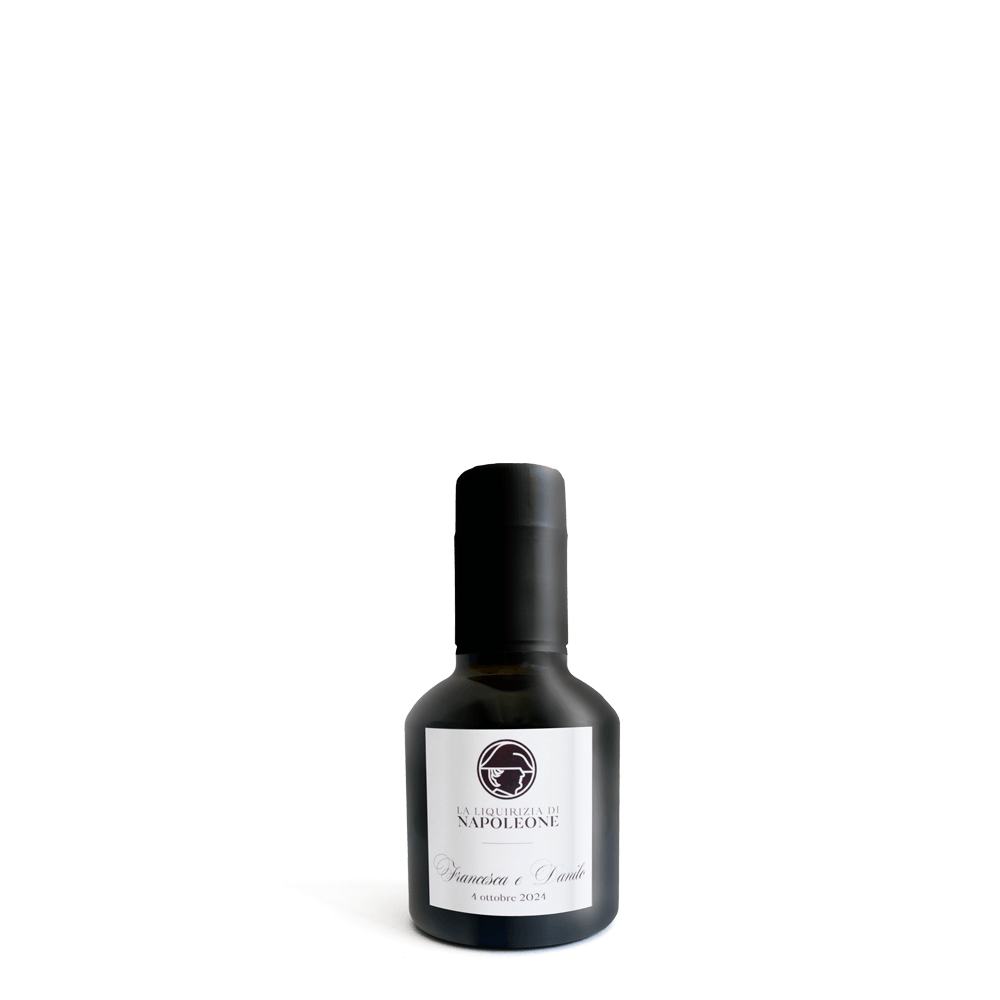 Bottiglia liquore alla liquirizia mignon: bomboniera tonda